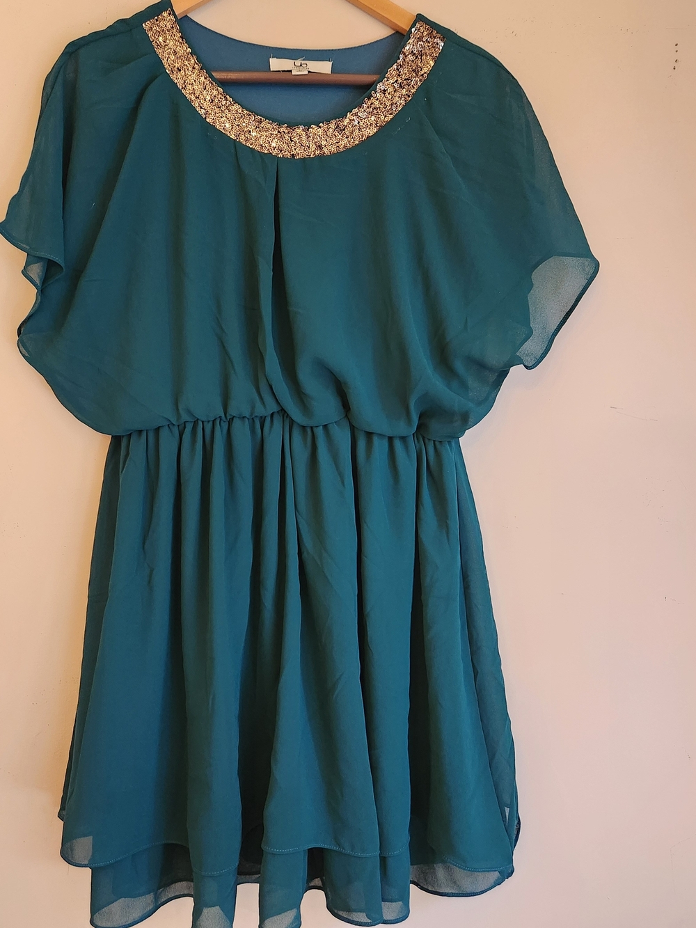 GBG Los Angeles Teal Chiffon Dress with Gold Sequin Neckline